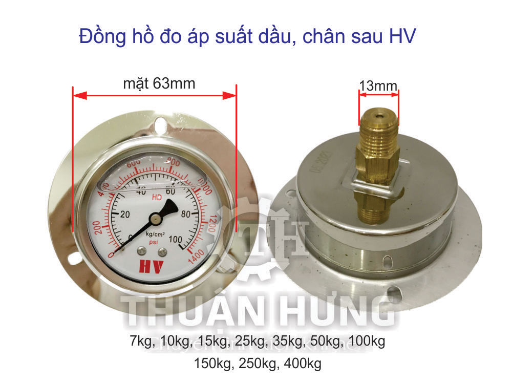 Kích thước đồng hồ đo áp suất dầu HV mặt 63, chân sau ren 13mm