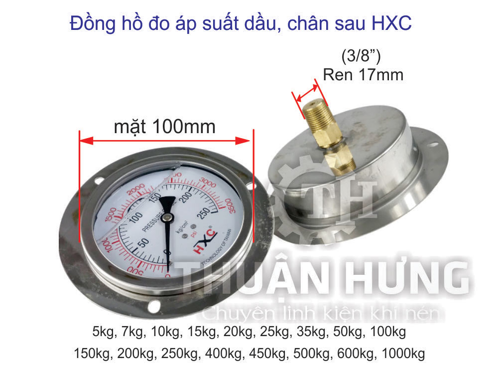Kích thước đồng hồ đo áp suất có dầu HXC mặt 100, chân sau ren 17mm