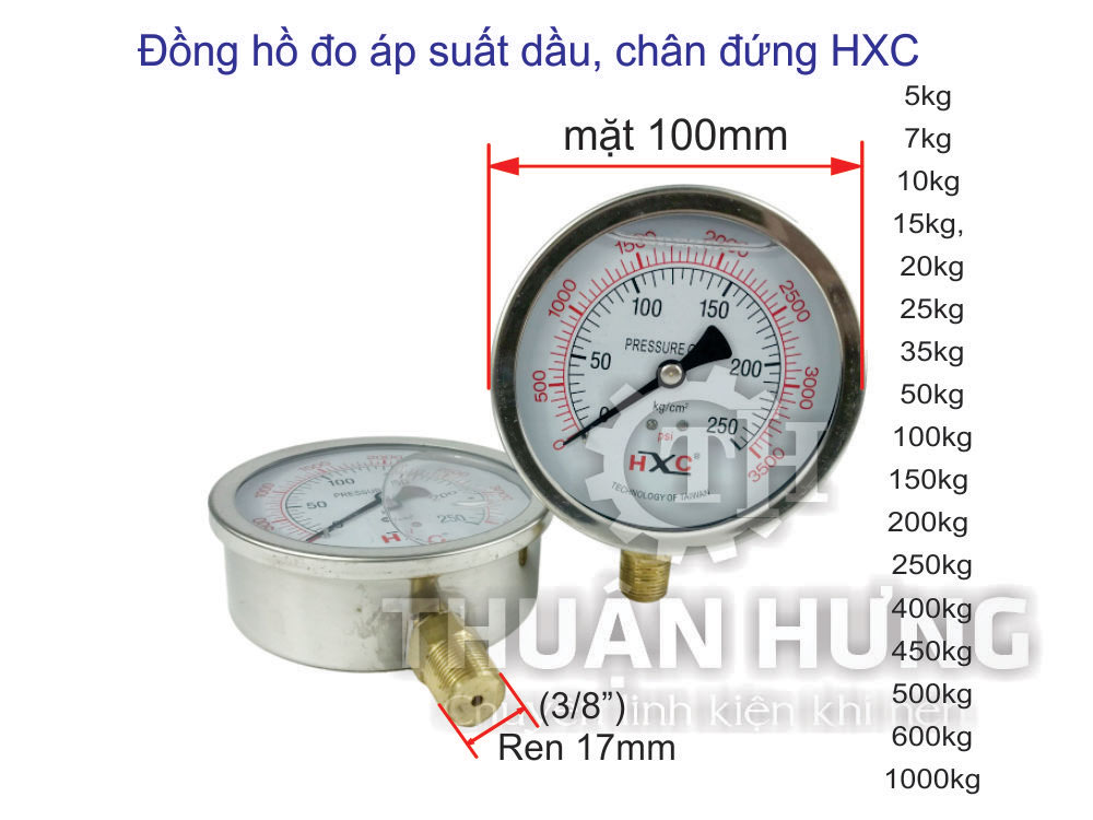 Kích thước đồng hồ đo áp suất có dầu HXC mặt 100, chân đứng ren 17mm