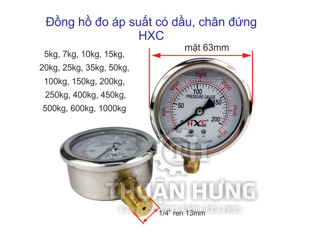 Kích thước đồng hồ đo áp suất có dầu HXC mặt 63, chân đứng ren 13mm