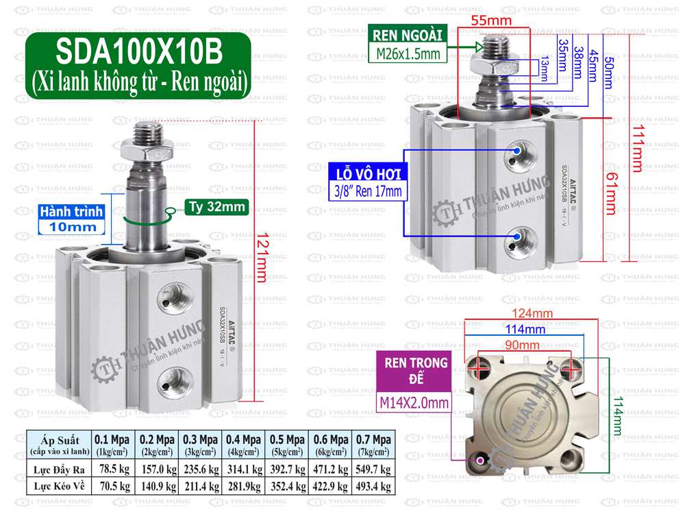 Kích thước và lực đẩy, kéo xi lanh compact Airtac SDA100X10B
