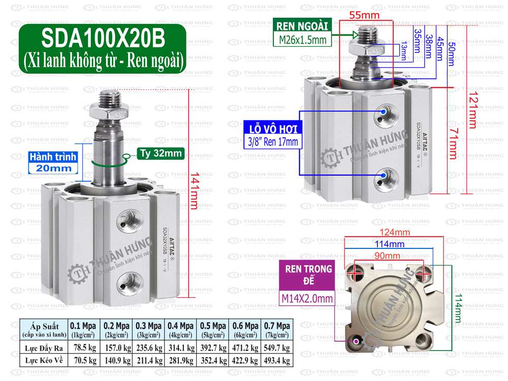 Kích thước và lực đẩy, kéo xi lanh compact Airtac SDA100X20B