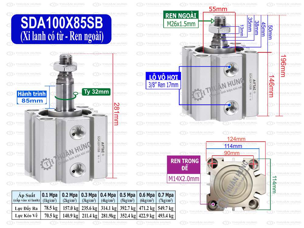 Kích thước và lực đẩy, kéo xi lanh compact Airtac SDA100X85SB