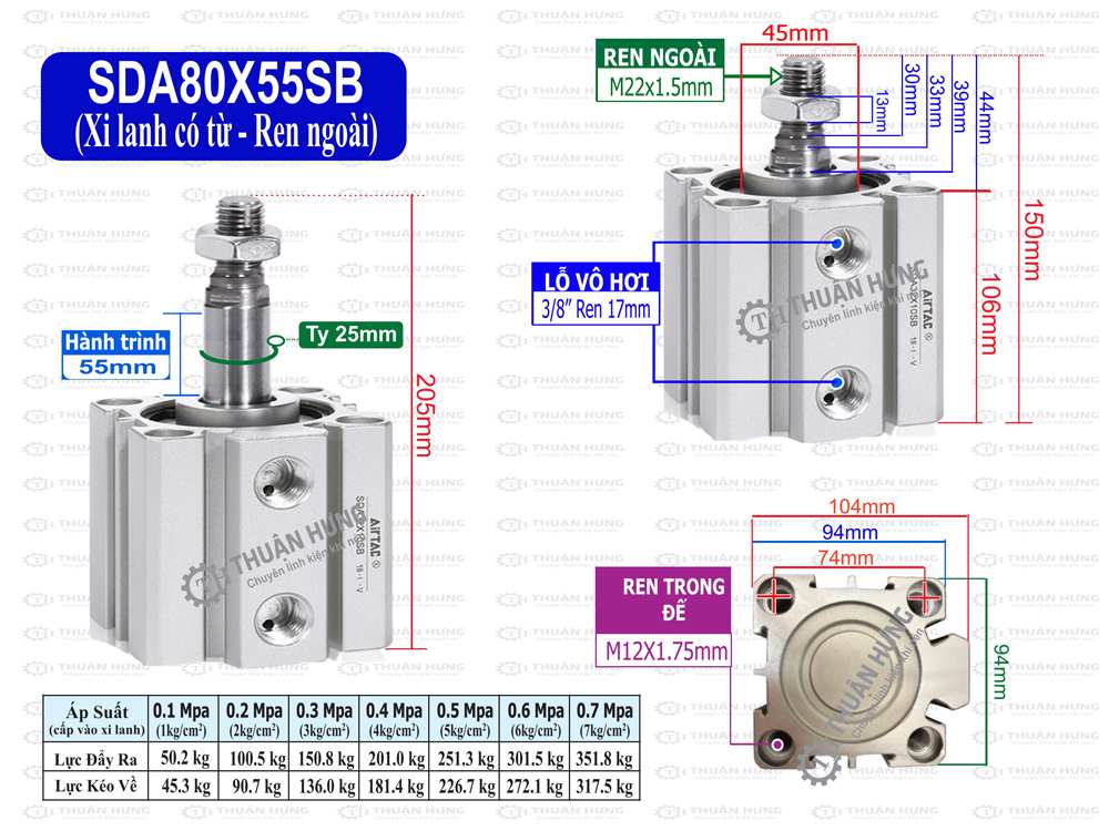 Kích thước và lực đẩy, kéo xi lanh compact Airtac SDA80X55SB