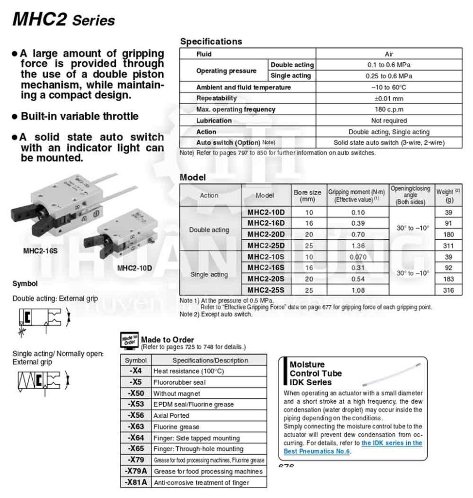 Catalogue thông số xi lanh kẹp MHC2-10D, MHC2-16D, MHC2-20D, MHC2-25D