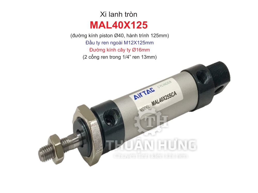 Xi lanh tròn MAL40X125 Airtac (Piston phi 40mm x hành trình 125mm)