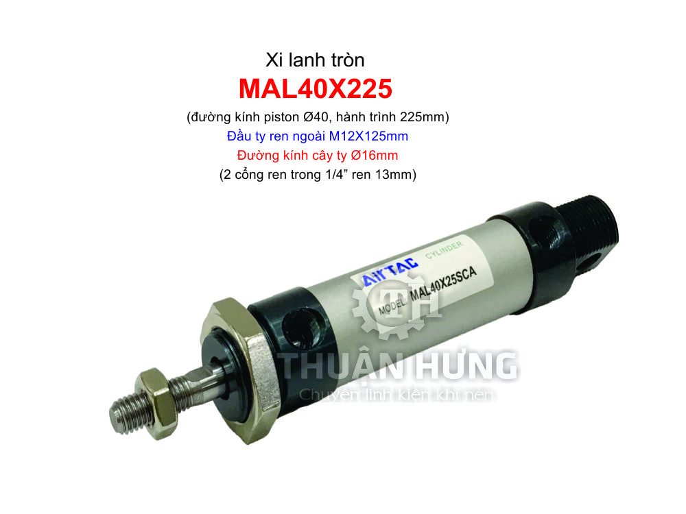 Xi lanh tròn MAL40X225 Airtac (Piston phi 40mm x hành trình 225mm)