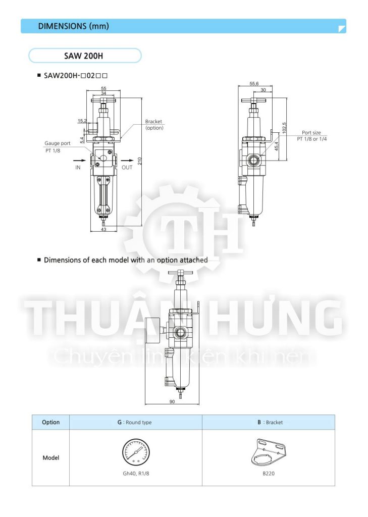 Kích thước bộ lọc khí nén áp cao SKP SAW200H-02BG (áp suất 20kg)