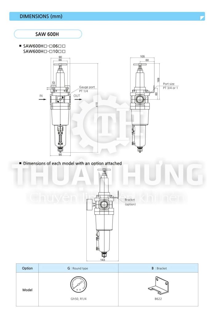 Kích thước bộ lọc khí nén áp cao SKP SAW600H-06BG (áp suất 20kg)