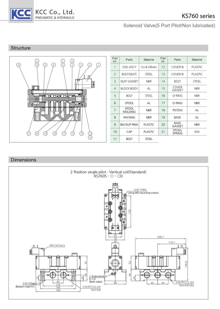 Thông số kỹ thuật và kích thước của van Điện Từ Khí Nén KCC KS760S