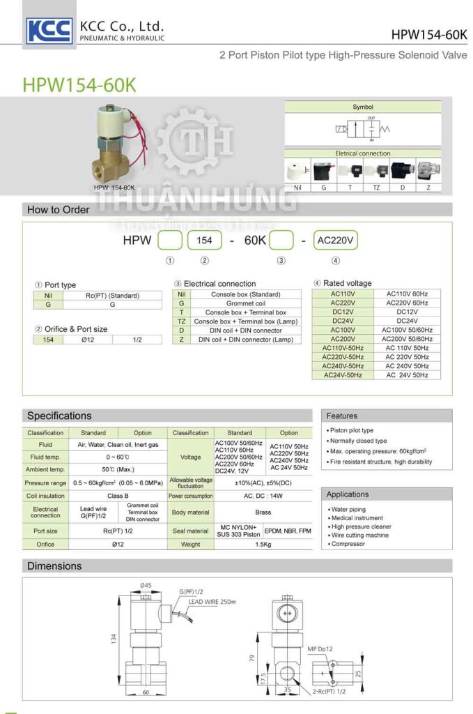 Thông số kỹ thuật và kích thước van điện từ KCC HPW154-60, áp cao 60kg, ren 21mm