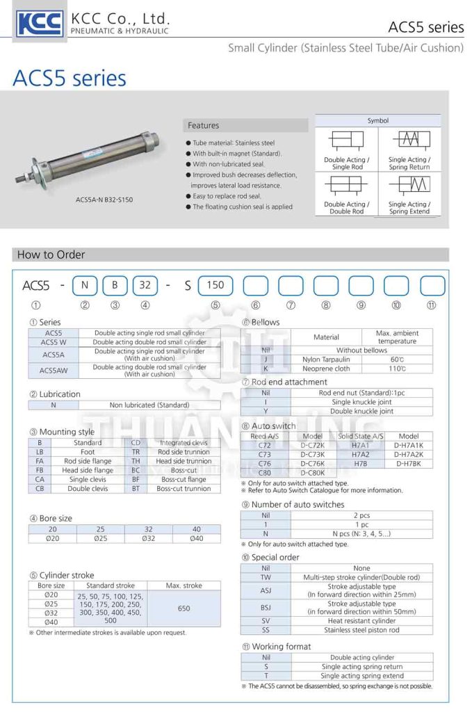 Thông số kỹ thuật xi lanh lanh khí nén KCC ACS5
