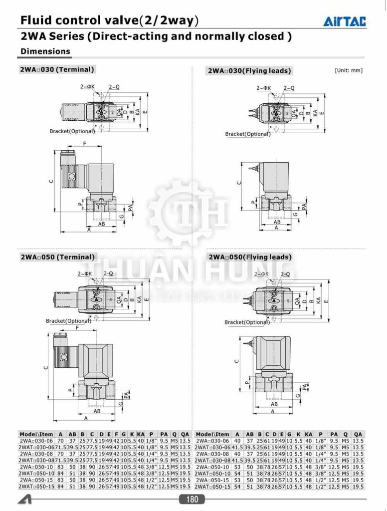 catalogue thông số kích thước của van điện từ Airtac 2WA030 - 2WA050