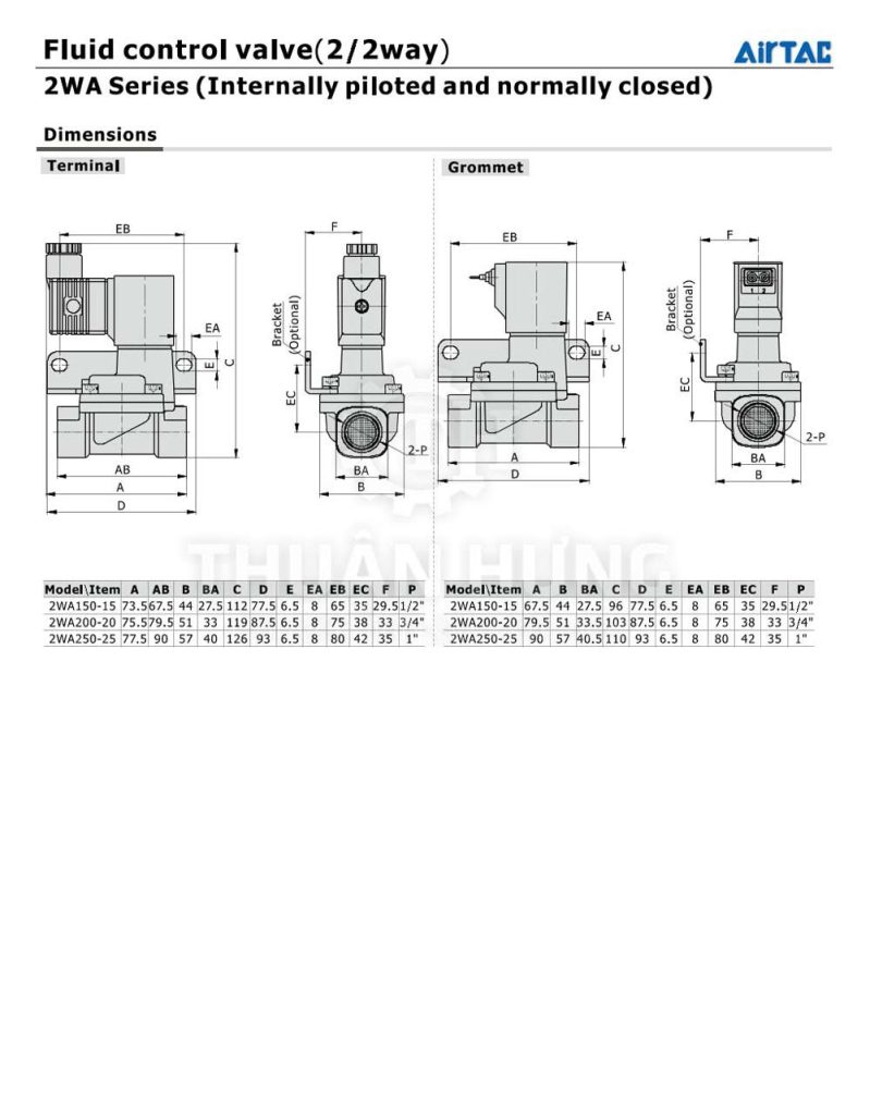 catalogue thông số kích thước của van điện từ Airtac 2WA150 - 2WA200- 2WA250