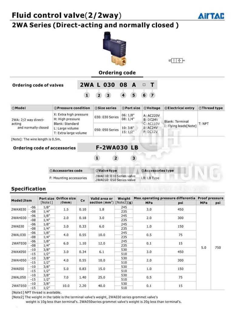 catalogue thông số của van điện từ Airtac 2WA030 - 2WA050