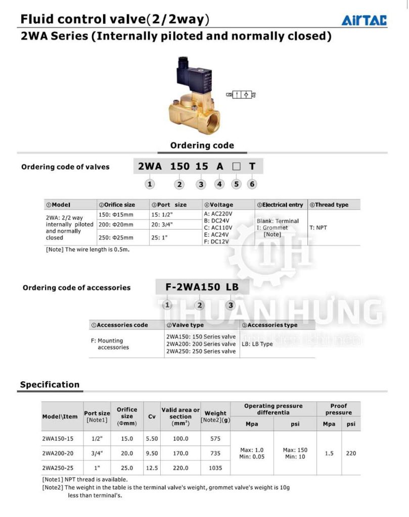 catalogue thông số của van điện từ Airtac 2WA150 - 2WA200 - 2W250