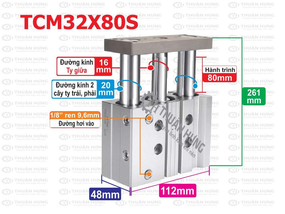 Kích thước ben hơi khí nén Airtac TCM32x80S