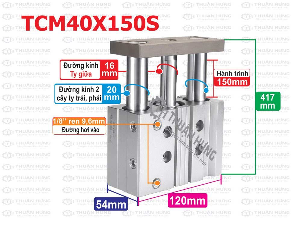 Kích thước ben hơi Airtac TCM40x150S