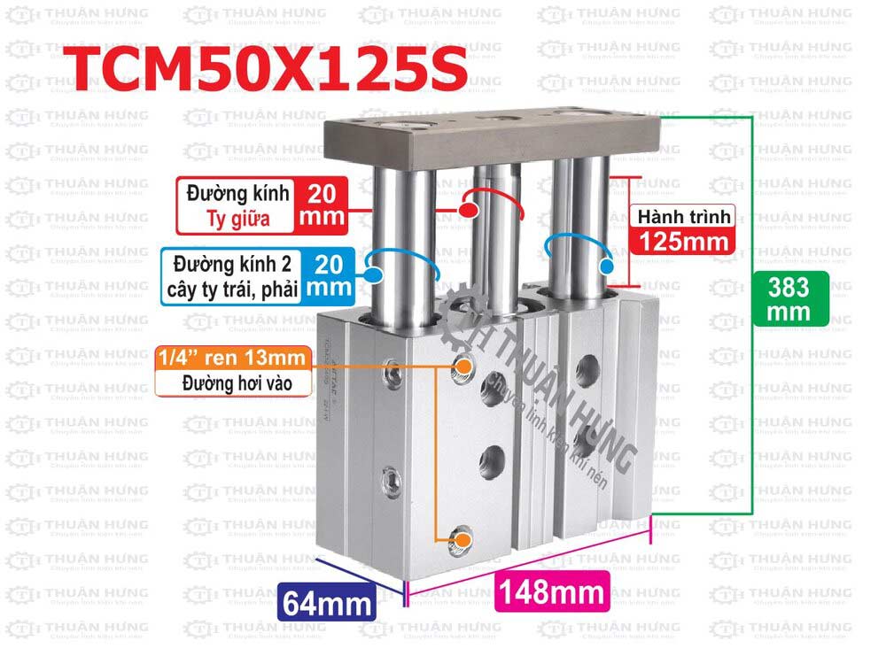 Kích thước ben hơi 3 ty Airtac TCM50x125S