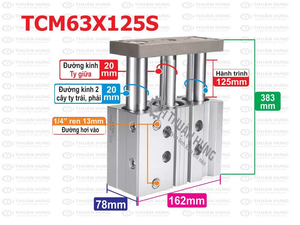 Kích thước ben hoi 3 ty Airtac TCM63x125S