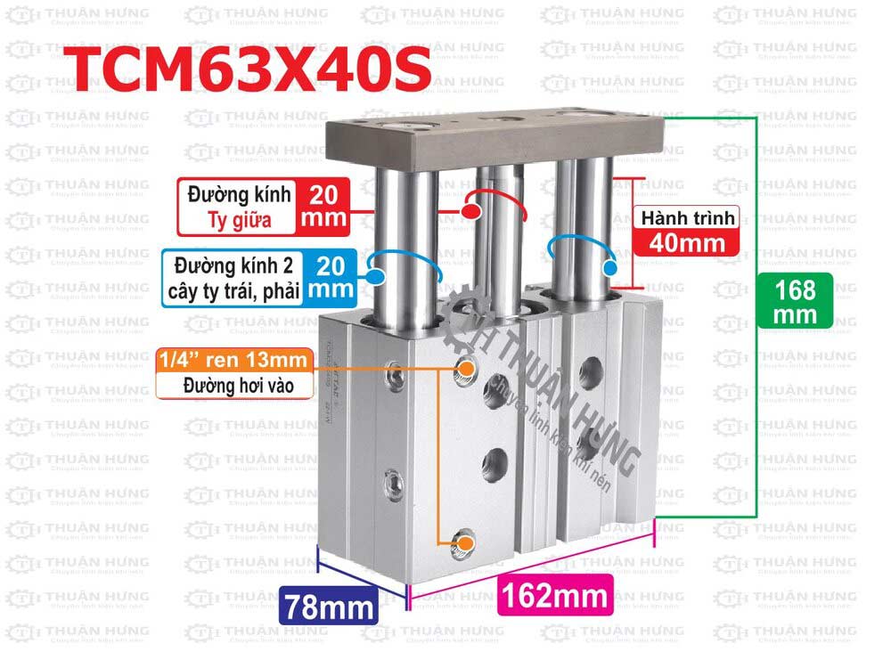 Kích thước ben hoi 3 ty Airtac TCM63x40S