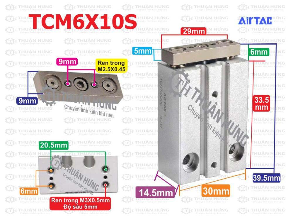 Kích thước xi lanh 3 ty Airtac TCM6X10S