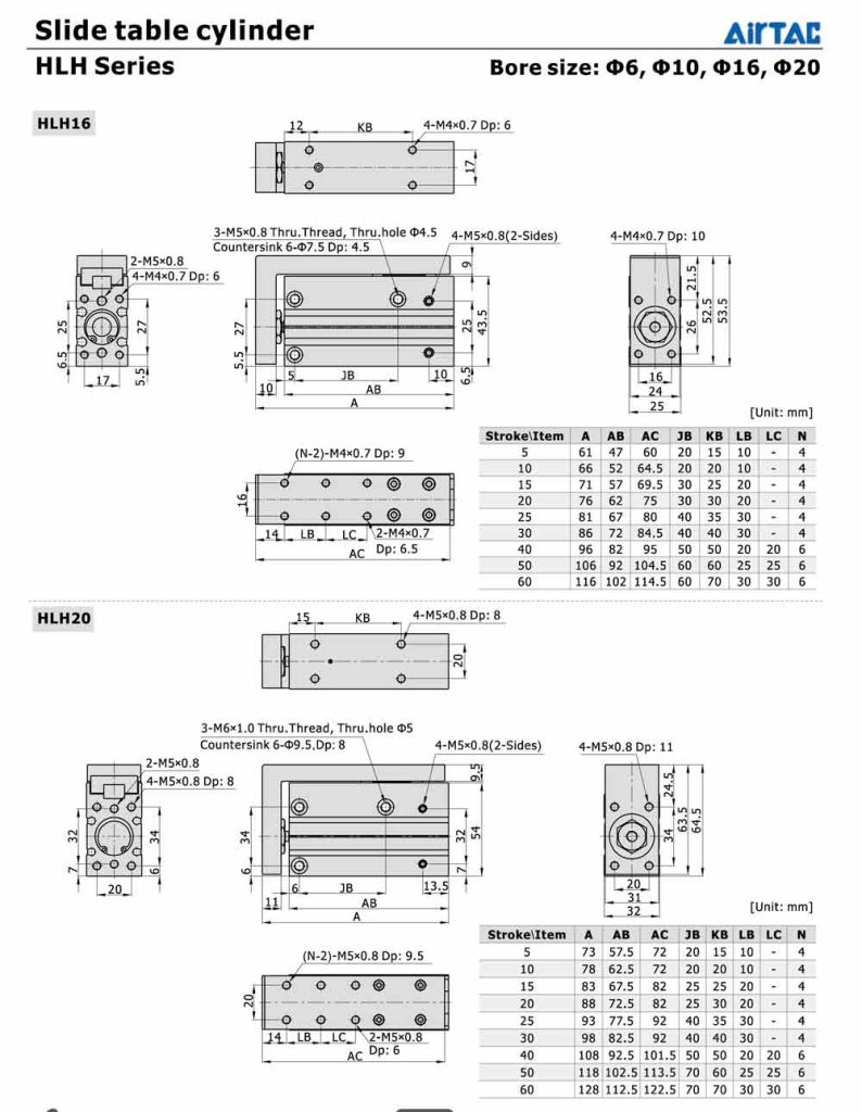 Kích thước của xy lanh trượt AIRTAC HLH16 - HLH20